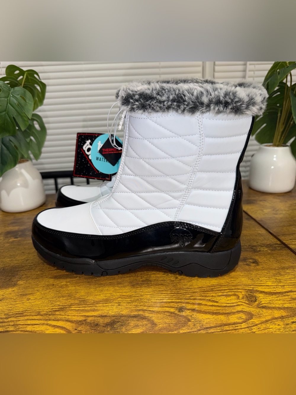 totes White and Black Quilted Winter Rain Boots with Faux Fur Trim